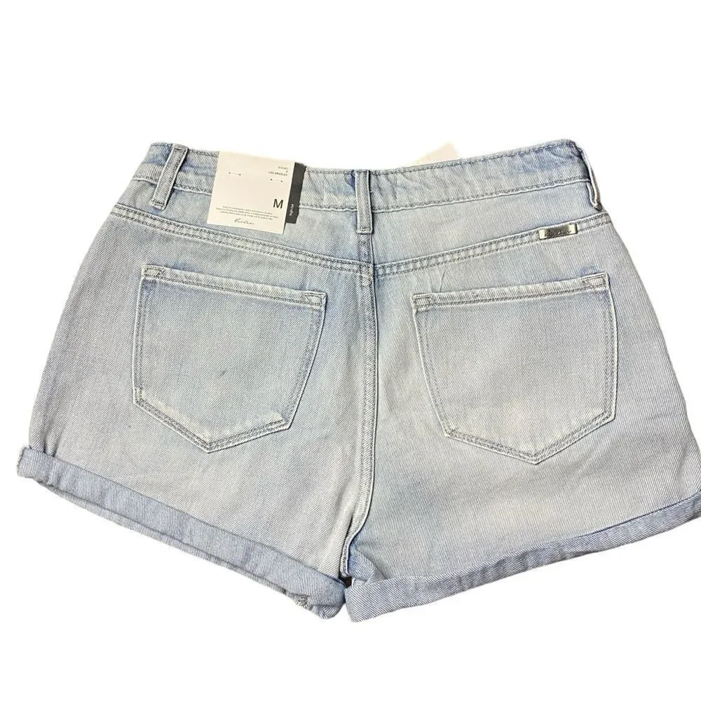 KanCan Wm’s Sz Med Blue Light Wash Distressed High Rise Rolled Cuff Denim Shorts